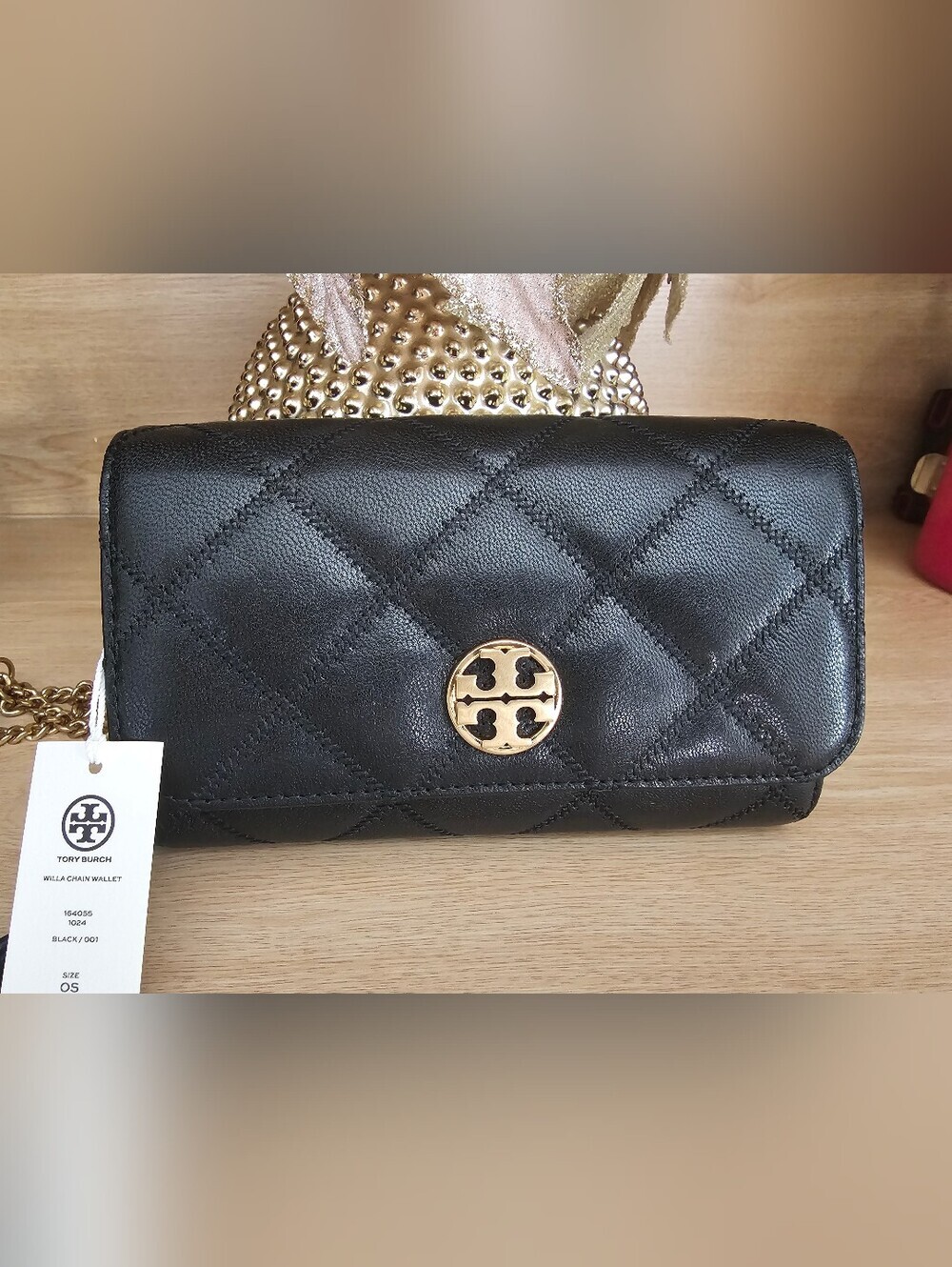 Tory Burch Willa Black Quilted Leather Chain Crossbody Wallet